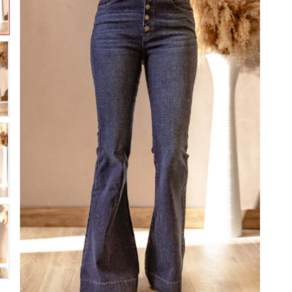Button Fly Raw Hem Flared Jeans with Pockets